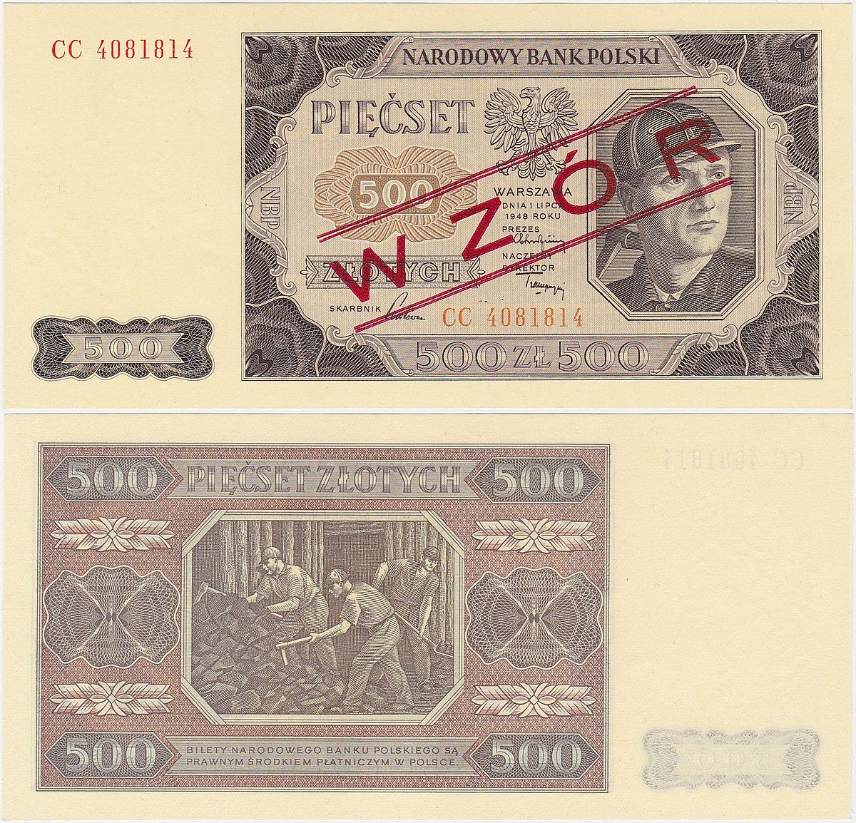 Polska, 500 Złotych 1.7.1948, Ser. CC, WZÓR, Mił. 140s