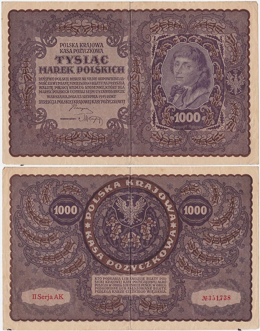 Polska, 1000 Marek Polskich 23.8.1919, II Serja AK, Mił. 29d