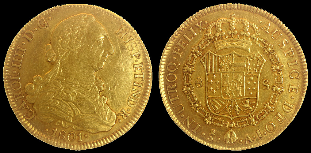 Chile (Hiszpania), 8 Escudos 1801 m. Santiago, Karol IV, Au