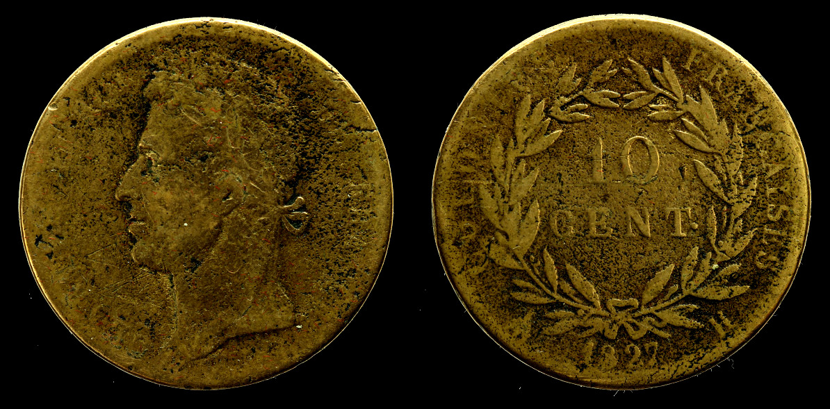 Kolonie Francuskie, 10 Centimes 1827 H, m. La Rochelle, Karol X