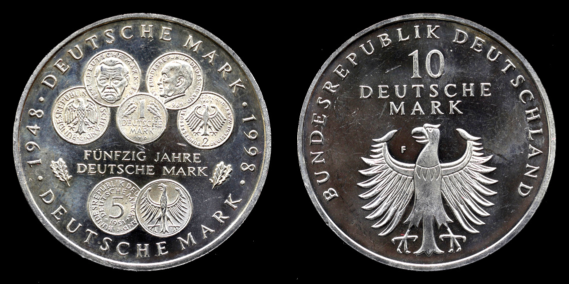 Niemcy, 10 Marek 1998 F, 50 lat Marki, Ag 0,925