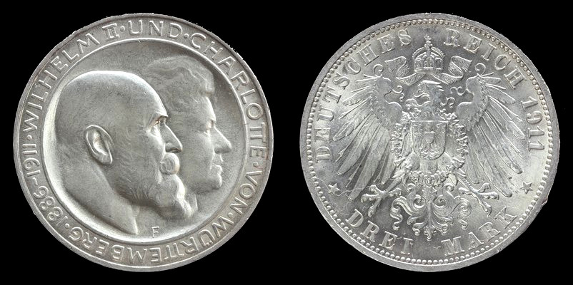 Wirtembergia, 3 Marki1911 F, Złote Gody Wilhelma II i Charlotty