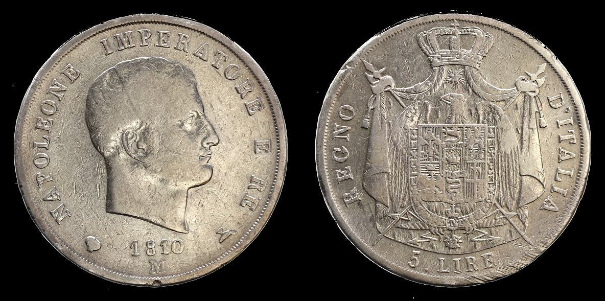 Włochy, 5 Lirów 1810 M, m. Mediolan, Napoleon Imperatore 