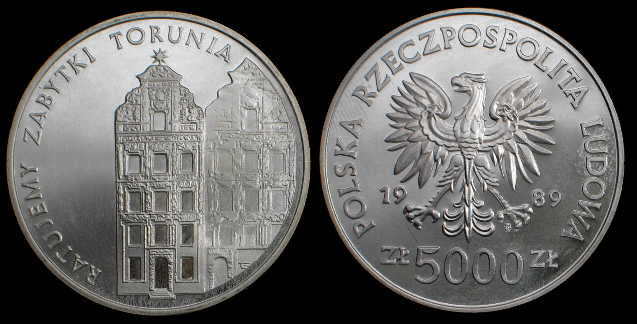 Polska, 5000 Złotych 1989, Toruń kamieniczki