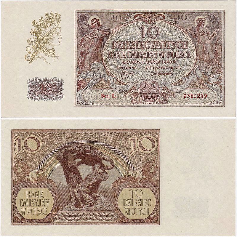 Polska, 10 Złotych 1.3.1940, Ser. L, Mił. 94b