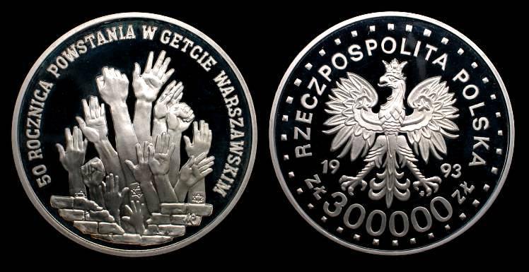 Polska, 300.000 Złotych 1993, 50. r. Powstania w Getcie Warszawskim