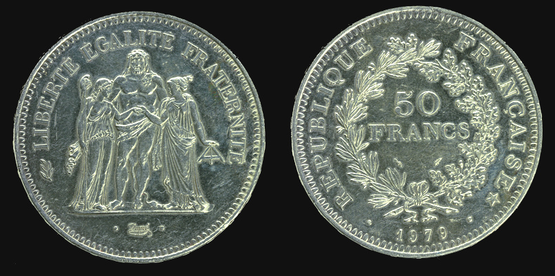 Francja, 50 Franków 1979, Herkules, Ag0,900  w. 30 gr