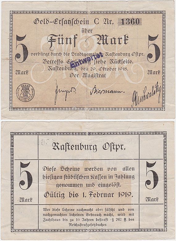 KĘTRZYN - RASTENBURG 5 MAREK 29.X.1918 do 1.II.1919