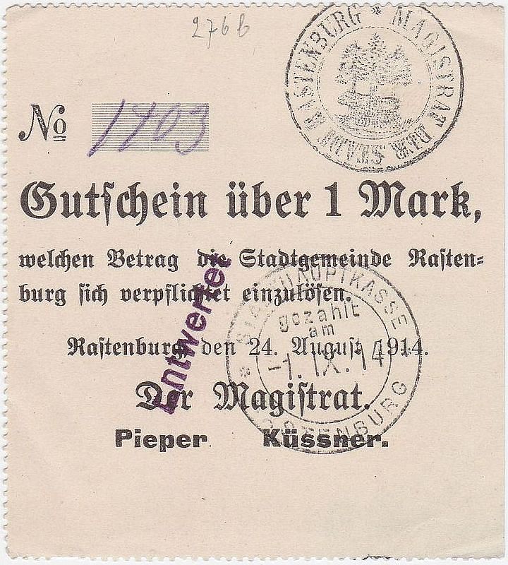 KĘTRZYN - RASTENBURG 1 MARKA24.VIII.1914, stempel ENTWERTET