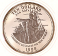 Bahamy, 10 Dollars 1988 Kolumb Fregata Marynistyka Ag