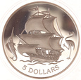 Bahamy, 5 Dollars 1993 Żaglowiec Marynistyka Ag