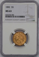 USA, 5 Dolarów Liberty Head 1882 rok, MS 63 NGC, /K8/