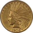 USA, 10 dolarów Indian Head 1908 MOTTO rok, PCGS XF 45