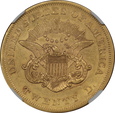USA, 20 Dolarów Liberty Head 1861 rok,  NGC AU 55