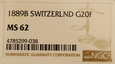Szwajcaria 20 Franków 1889 B rok    NGC MS 62     /K31/
