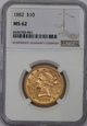 USA , 10 Dolarów Liberty Head 1882 rok , MS 62 NGC, /K7/