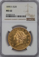 USA, 20 Dolarów Liberty Head 1890 S rok, NGC MS 62, /K12/