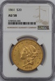 USA, 20 Dolarów Liberty Head 1861 rok, AU 58 NGC,   /K5/