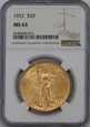 USA, 20 Dolarów St. Gaudens 1922 rok,  NGC MS 63