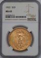 USA, 20 Dolarów St. Gaudens 1922 rok,  NGC MS 65