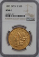 USA, 20 Dolarów Liberty Head 1873 OPEN 3 rok, MS 61 NGC 