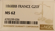 Francja 20 Franków 1868 BB rok NGC MS 62    /K31/