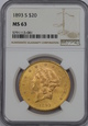 USA, 20 Dolarów Liberty Head 1893 S rok, NGC MS 63