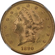 USA, 20 Dolarów Liberty Head 1890 S rok, NGC MS 62