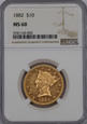 USA, 10 Dolarów Liberty Head 1882 rok, MS 60  NGC, /K10/