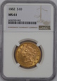 USA, 10 Dolarów Liberty Head 1882 rok, MS 61 NGC