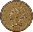 USA, 20 Dolarów Liberty Head 1858 S rok, NGC AU 53