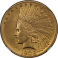 USA, 10 Dolarów Indian Head 1908 MOTTO rok, NGC AU 58 