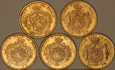 Belgia Zestaw 5 sztuk 20 Franków z lat 1869-1876 
