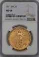 USA, 20 Dolarów St. Gaudens 1911 D rok,  NGC MS 64
