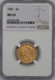 USA, 5 Dolarów Liberty Head 1881 rok, MS 62 NGC, /K8/