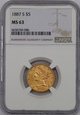 USA, 5 Dolarów Liberty Head 1887 S rok, MS 63 NGC, /K8/
