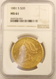 USA 20 Dolarów Liberty Head 1881 S  NGC MS 61 /F/       