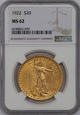 USA, 20 Dolarów St. Gaudens 1922 rok,  NGC MS 62