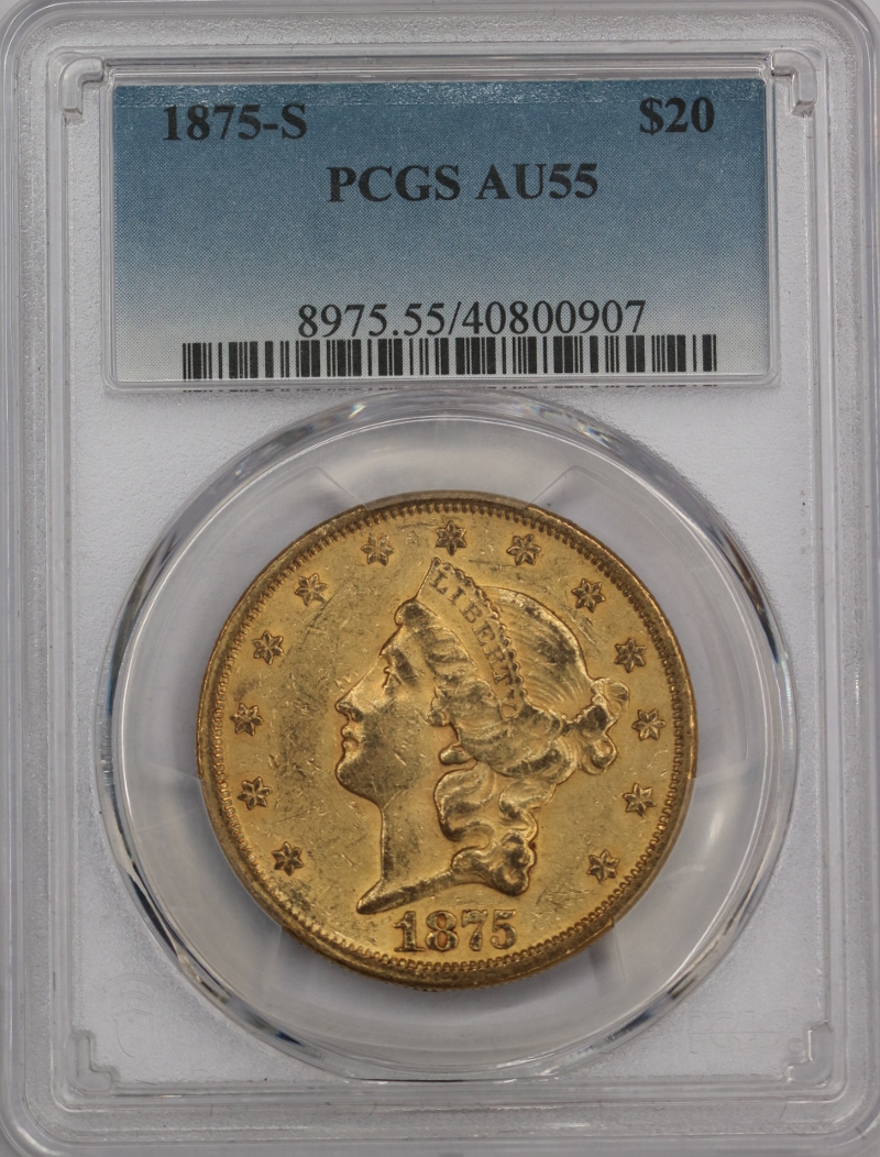 USA, 20 Dolarów Liberty Head 1875 S rok,  PCGS AU 55 