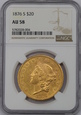 USA, 20 Dolarów Liberty Head 1876 S rok, NGC AU 58     