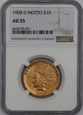 USA, 10 Dolarów Indian Head 1908 D MOTTO rok, AU 55 NGC