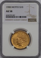 USA, 10 Dolarów Indian Head 1908 MOTTO rok, AU 58 NGC