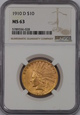 USA, 10 Dolarów Indian Head 1910 D rok, MS 63 NGC
