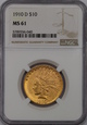 USA, 10 Dolarów Indian Head 1910 D rok, NGC MS 61