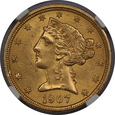 USA, 5 Dolarów Liberty Head 1907 rok, MS 62 NGC, /K8/