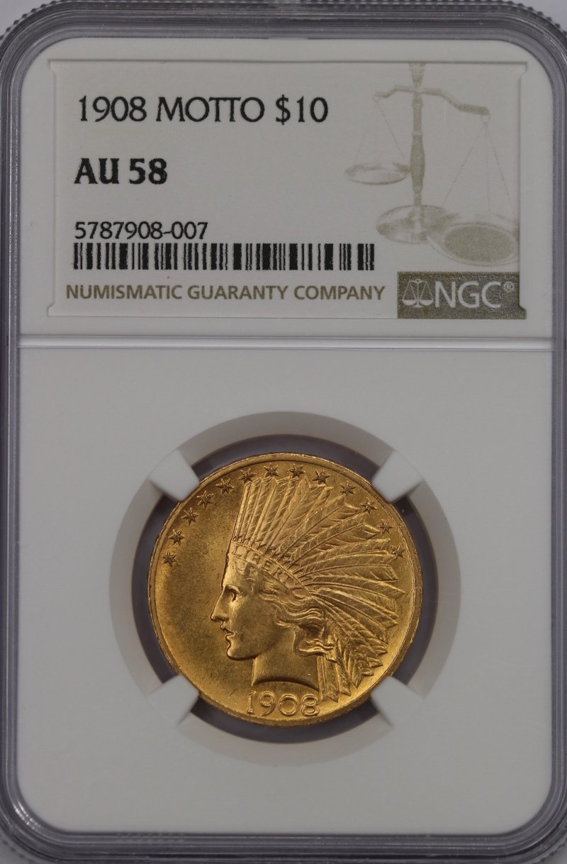 USA, 10 Dolarów Indian Head 1908 MOTTO rok, AU 58 NGC