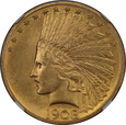 USA, 10 Dolarów Indian Head 1908 MOTTO rok, AU 58 NGC