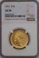 USA, 10 Dolarów Indian Head 1911 rok, AU 58 NGC