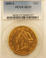 USA 20 Dolarów 1859 S Rok PCGS AU 53
