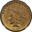 USA, 10 Dolarów Indian Head 1910 D rok, AU 58 NGC